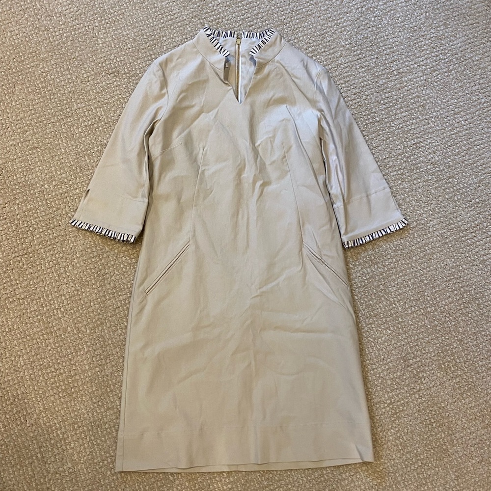 Sara Campbell Beige Shift Dress with Striped Trim